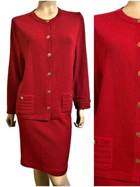 Excellent St John Red Santana Knit Skirt & Jacket Suit sz 12